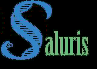 Saluris logo featuring blue stylized S with green text on black background